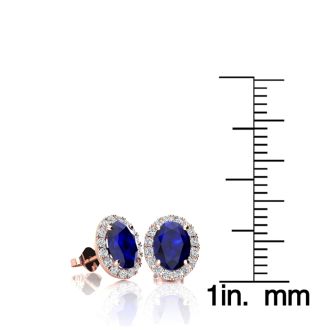 1 1/3 Carat Oval Shape Sapphire and Halo Diamond Stud Earrings In 14 Karat Rose Gold