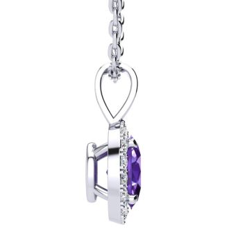 3/4 Carat Oval Shape Amethyst and Halo Diamond Necklace In 14 Karat White Gold With 18 Inch Chain