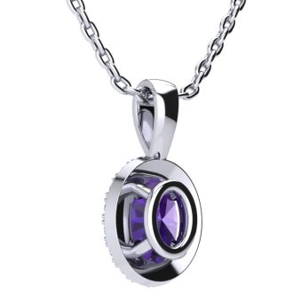3/4 Carat Oval Shape Amethyst and Halo Diamond Necklace In 14 Karat White Gold With 18 Inch Chain