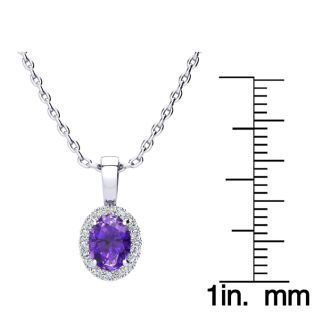 3/4 Carat Oval Shape Amethyst and Halo Diamond Necklace In 14 Karat White Gold With 18 Inch Chain