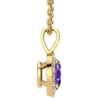 3/4 Carat Oval Shape Amethyst and Halo Diamond Necklace In 14 Karat Yellow Gold With 18 Inch Chain