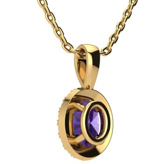 3/4 Carat Oval Shape Amethyst and Halo Diamond Necklace In 14 Karat Yellow Gold With 18 Inch Chain