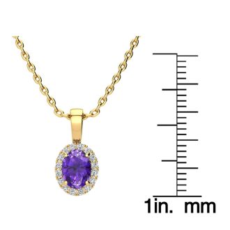 3/4 Carat Oval Shape Amethyst and Halo Diamond Necklace In 14 Karat Yellow Gold With 18 Inch Chain