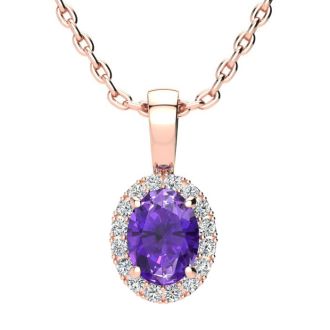 3/4 Carat Oval Shape Amethyst and Halo Diamond Necklace In 14 Karat Rose Gold With 18 Inch Chain