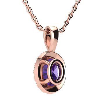 3/4 Carat Oval Shape Amethyst and Halo Diamond Necklace In 14 Karat Rose Gold With 18 Inch Chain