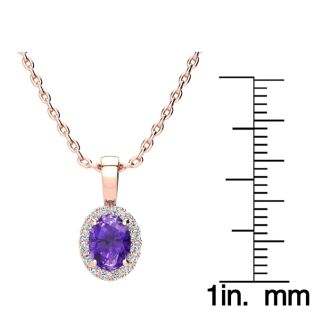 3/4 Carat Oval Shape Amethyst and Halo Diamond Necklace In 14 Karat Rose Gold With 18 Inch Chain