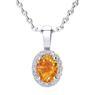3/4 Carat Oval Shape Citrine and Halo Diamond Necklace In 14 Karat White Gold With 18 Inch Chain
