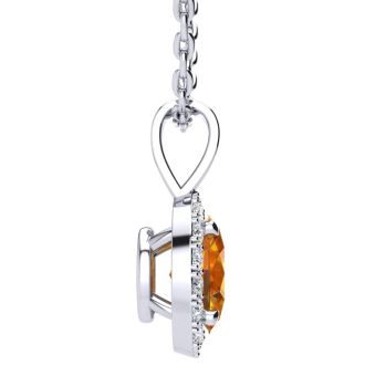 3/4 Carat Oval Shape Citrine and Halo Diamond Necklace In 14 Karat White Gold With 18 Inch Chain