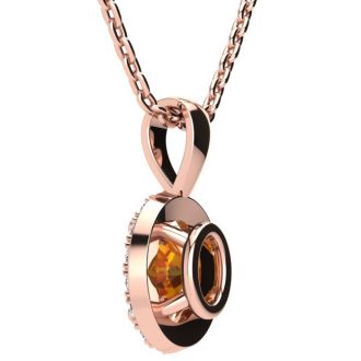 3/4 Carat Oval Shape Citrine and Halo Diamond Necklace In 14 Karat Rose Gold With 18 Inch Chain