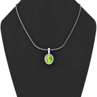 1 Carat Oval Shape Peridot and Halo Diamond Necklace In 14 Karat White Gold With 18 Inch Chain
