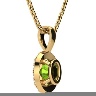 1 Carat Oval Shape Peridot and Halo Diamond Necklace In 14 Karat Yellow Gold With 18 Inch Chain