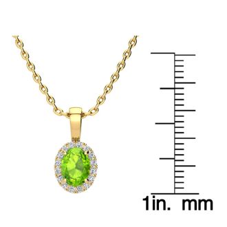 1 Carat Oval Shape Peridot and Halo Diamond Necklace In 14 Karat Yellow Gold With 18 Inch Chain