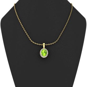 1 Carat Oval Shape Peridot and Halo Diamond Necklace In 14 Karat Yellow Gold With 18 Inch Chain