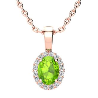 1 Carat Oval Shape Peridot and Halo Diamond Necklace In 14 Karat Rose Gold With 18 Inch Chain