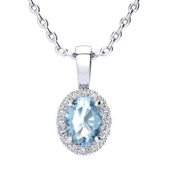 1 Carat Oval Shape Blue Topaz and Halo Diamond Necklace In 14 Karat White Gold With 18 Inch Chain