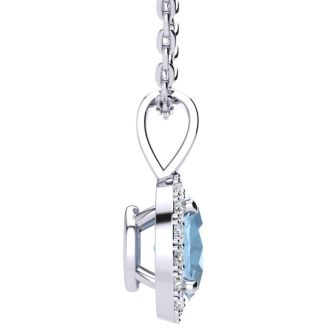1 Carat Oval Shape Blue Topaz and Halo Diamond Necklace In 14 Karat White Gold With 18 Inch Chain