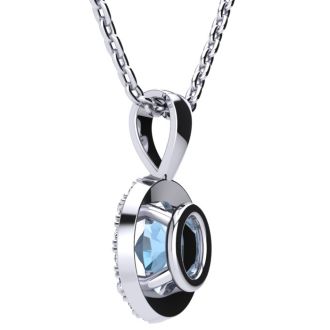 1 Carat Oval Shape Blue Topaz and Halo Diamond Necklace In 14 Karat White Gold With 18 Inch Chain