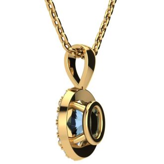 1 Carat Oval Shape Blue Topaz and Halo Diamond Necklace In 14 Karat Yellow Gold With 18 Inch Chain