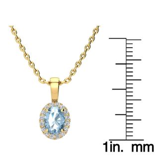 1 Carat Oval Shape Blue Topaz and Halo Diamond Necklace In 14 Karat Yellow Gold With 18 Inch Chain