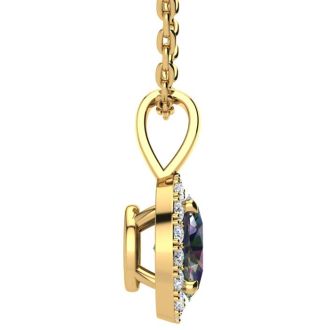 1 Carat Oval Shape Mystic Topaz Necklace With Diamond Halo In 14 Karat Yellow Gold, 18 Inches