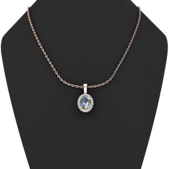 1 Carat Oval Shape Mystic Topaz and Halo Diamond Necklace In 14 Karat Rose Gold With 18 Inch Chain