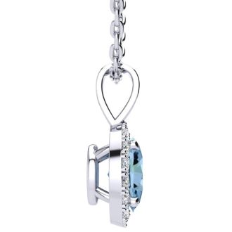 Aquamarine Necklace: Aquamarine Jewelry: 0.90 Carat Oval Shape Aquamarine and Halo Diamond Necklace In 14 Karat White Gold With 18 Inch Chain