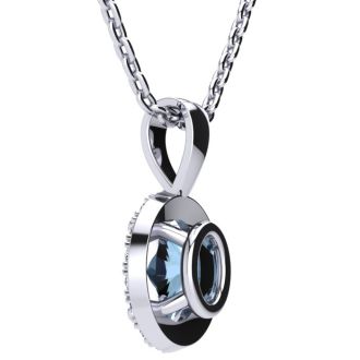 Aquamarine Necklace: Aquamarine Jewelry: 0.90 Carat Oval Shape Aquamarine and Halo Diamond Necklace In 14 Karat White Gold With 18 Inch Chain