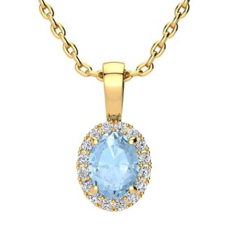 0.90 Carat Oval Shape Aquamarine and Halo Diamond Necklace In 14 Karat Yellow Gold With 18 Inch Chain