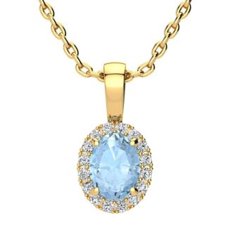 Aquamarine Necklace: Aquamarine Jewelry: 0.90 Carat Oval Shape Aquamarine and Halo Diamond Necklace In 14 Karat Yellow Gold With 18 Inch Chain