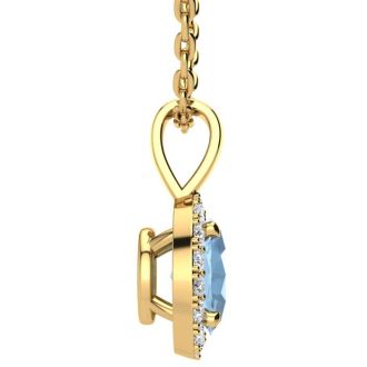 Aquamarine Necklace: Aquamarine Jewelry: 0.90 Carat Oval Shape Aquamarine and Halo Diamond Necklace In 14 Karat Yellow Gold With 18 Inch Chain