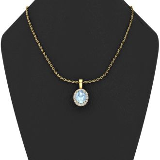 Aquamarine Necklace: Aquamarine Jewelry: 0.90 Carat Oval Shape Aquamarine and Halo Diamond Necklace In 14 Karat Yellow Gold With 18 Inch Chain