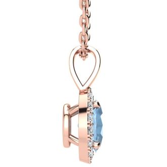 Aquamarine Necklace: Aquamarine Jewelry: 0.90 Carat Oval Shape Aquamarine and Halo Diamond Necklace In 14 Karat Rose Gold With 18 Inch Chain