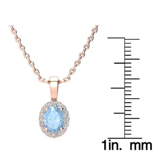Aquamarine Necklace: Aquamarine Jewelry: 0.90 Carat Oval Shape Aquamarine and Halo Diamond Necklace In 14 Karat Rose Gold With 18 Inch Chain