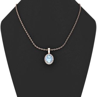 Aquamarine Necklace: Aquamarine Jewelry: 0.90 Carat Oval Shape Aquamarine and Halo Diamond Necklace In 14 Karat Rose Gold With 18 Inch Chain