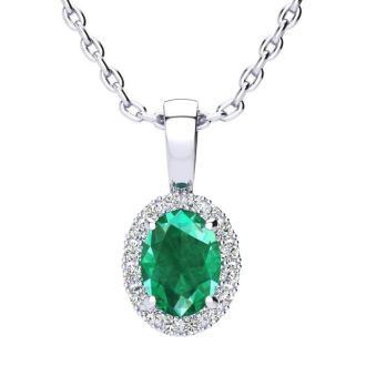 0.90 Carat Oval Shape Emerald and Halo Diamond Necklace In 14 Karat White Gold With 18 Inch Chain