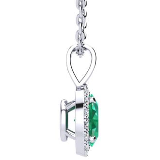 9/10 Carat Oval Shape Emerald Necklaces With Diamond Halo In 14 Karat White Gold, 18 Inch Chain
