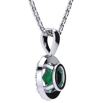 0.90 Carat Oval Shape Emerald and Halo Diamond Necklace In 14 Karat White Gold With 18 Inch Chain