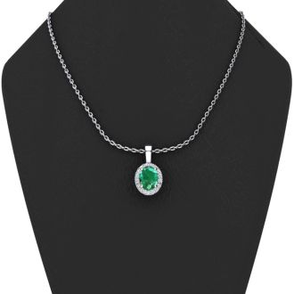9/10 Carat Oval Shape Emerald Necklaces With Diamond Halo In 14 Karat White Gold, 18 Inch Chain