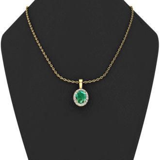 9/10 Carat Oval Shape Emerald Necklaces With Diamond Halo In 14 Karat Yellow Gold, 18 Inch Chain