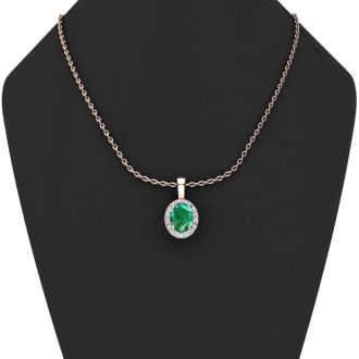9/10 Carat Oval Shape Emerald Necklaces With Diamond Halo In 14 Karat Rose Gold, 18 Inch Chain
