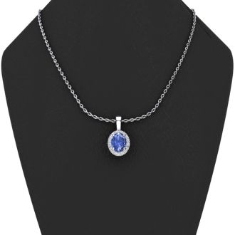 1 Carat Oval Shape Tanzanite and Halo Diamond Necklace In 14 Karat White Gold With 18 Inch Chain