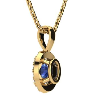 1 Carat Oval Shape Tanzanite and Halo Diamond Necklace In 14 Karat Yellow Gold With 18 Inch Chain