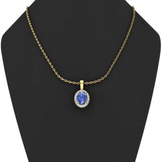 1 Carat Oval Shape Tanzanite and Halo Diamond Necklace In 14 Karat Yellow Gold With 18 Inch Chain