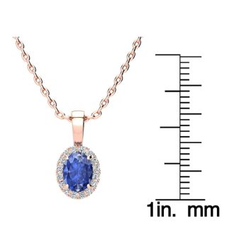 1 Carat Oval Shape Tanzanite and Halo Diamond Necklace In 14 Karat Rose Gold With 18 Inch Chain