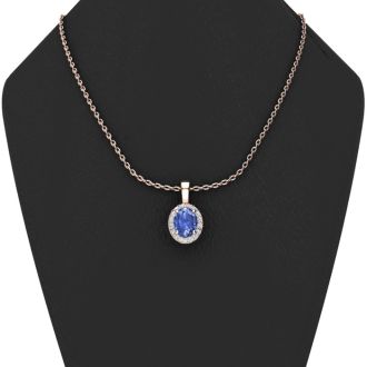 1 Carat Oval Shape Tanzanite and Halo Diamond Necklace In 14 Karat Rose Gold With 18 Inch Chain
