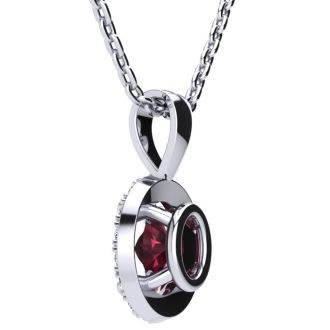 1 Carat Oval Shape Garnet and Halo Diamond Necklace In 14 Karat White Gold With 18 Inch Chain