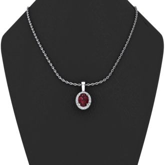 Garnet Necklace: Garnet Jewelry: 1 Carat Oval Shape Garnet and Halo Diamond Necklace In 14 Karat White Gold With 18 Inch Chain