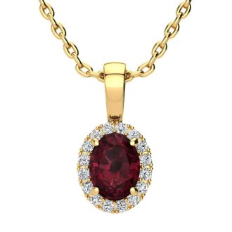Garnet Necklace: Garnet Jewelry: 1 Carat Oval Shape Garnet and Halo Diamond Necklace In 14 Karat Yellow Gold With 18 Inch Chain