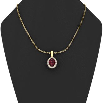 Garnet Necklace: Garnet Jewelry: 1 Carat Oval Shape Garnet and Halo Diamond Necklace In 14 Karat Yellow Gold With 18 Inch Chain