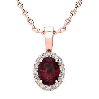 Garnet Necklace: Garnet Jewelry: 1 Carat Oval Shape Garnet and Halo Diamond Necklace In 14 Karat Rose Gold With 18 Inch Chain